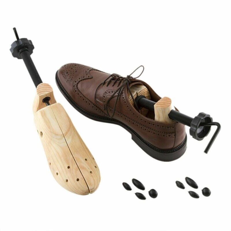 Wooden two-way adjustable shoe stretcher with shoe and black expansion rods