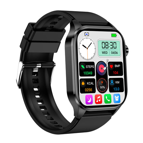 Black smartwatch with fitness display, heart and steps icons on the screen