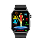 Black smartwatch with fitness body chart and workout metrics on a color screen