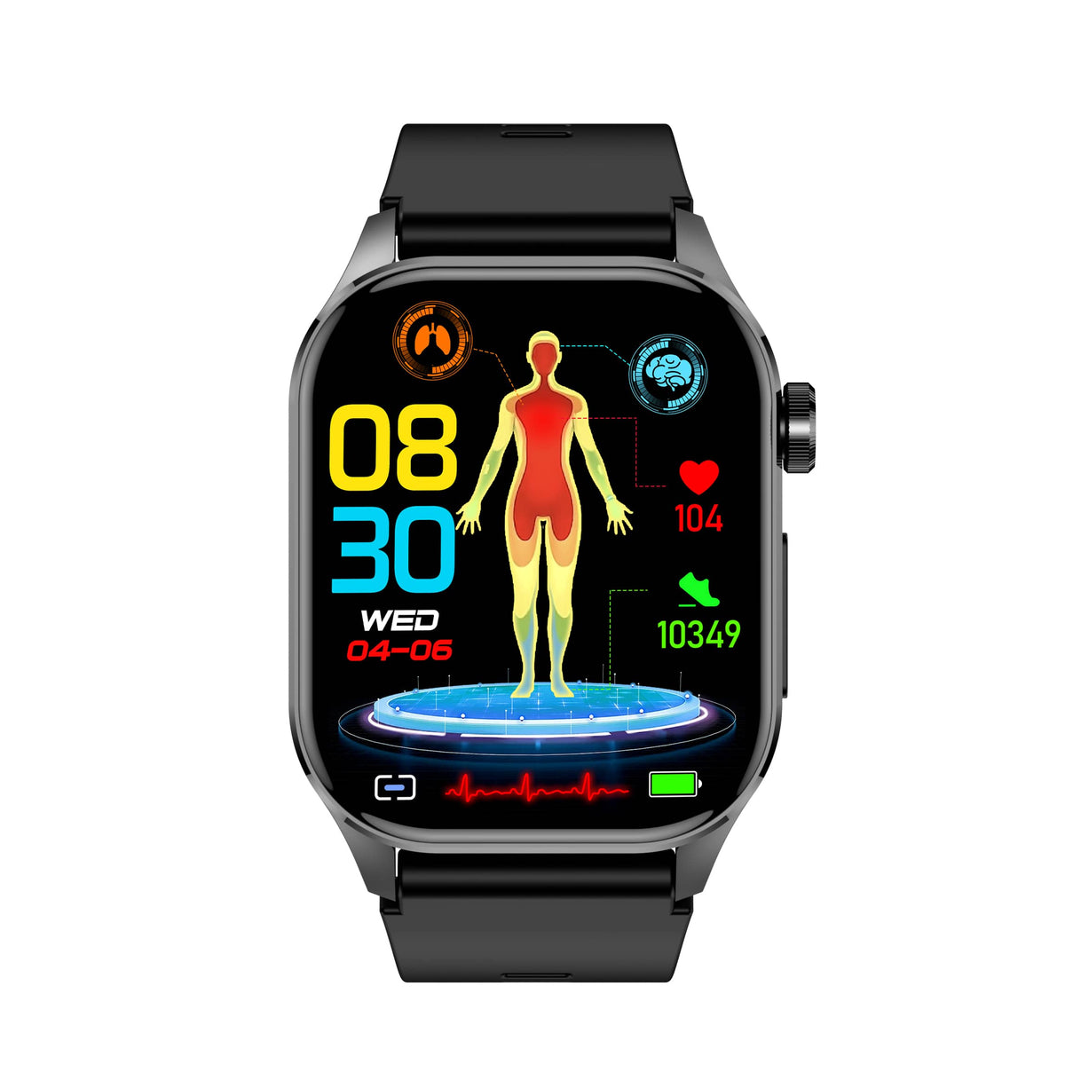 Black smartwatch with fitness body chart and workout metrics on a color screen