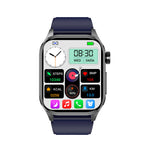 Blue-strap smartwatch with digital fitness icons and time display