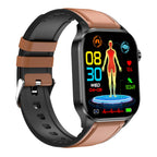 Brown leather-look strap smartwatch with fitness body chart on the screen