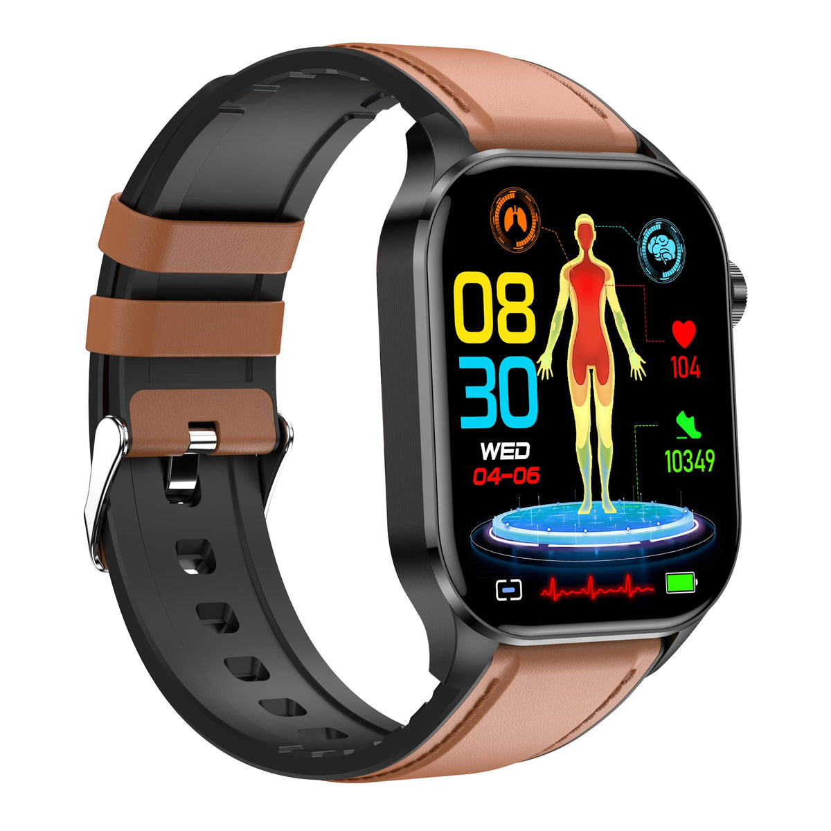 Brown leather-look strap smartwatch with fitness body chart on the screen
