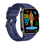 Blue smartwatch with fitness body chart and activity metrics shown on screen