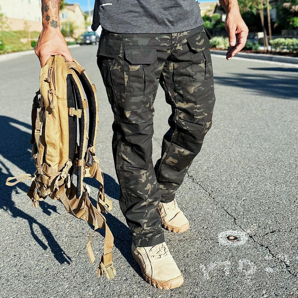 Casaro | Tactical Pants for Men - Dark Camo Waterproof Rip Stop 9 Pocket Cargo Straight Fit-Tactical Pants-28W/30L-Camoufit