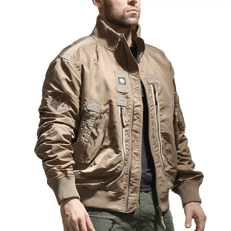 Lorenzo | MA 1 Flight Jacket for Men - Nylon Bomber Water Resistant Ribbed Cuff Classic Fit-Tactical Jackets-Khaki-M-Camoufit