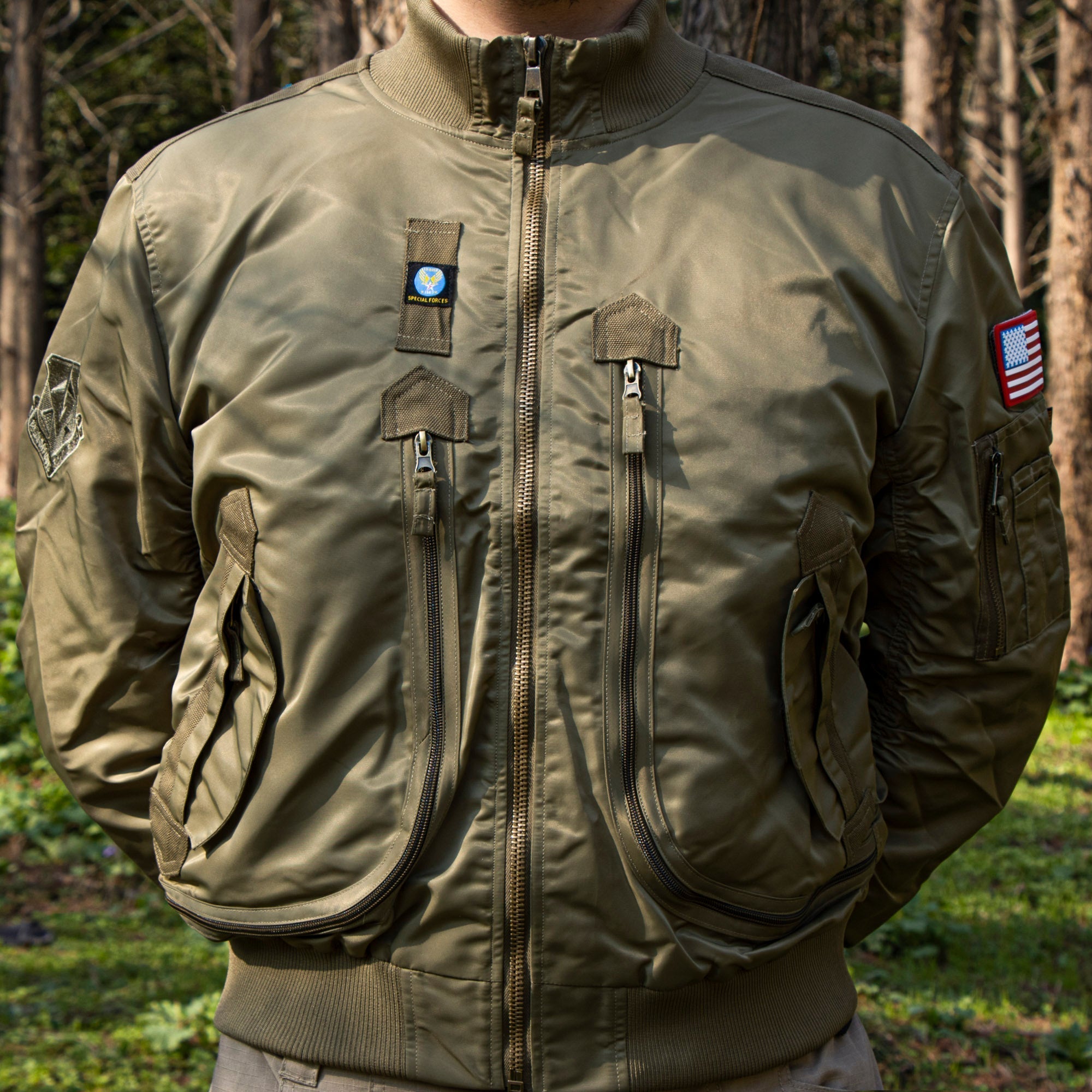 Lorenzo | MA 1 Flight Jacket for Men - Nylon Bomber Water Resistant Ribbed Cuff Classic Fit-Tactical Jackets-Black-M-Camoufit