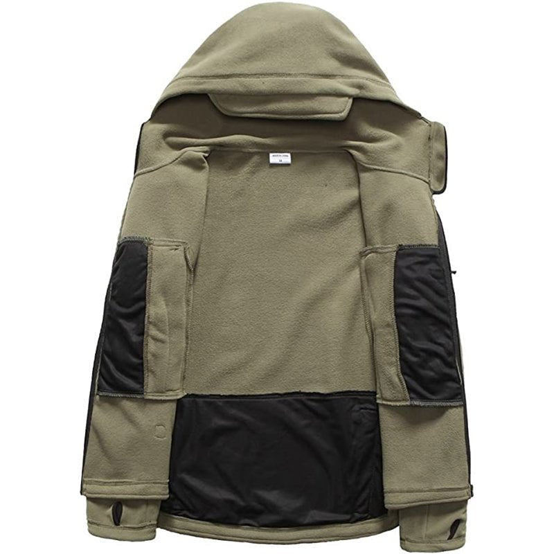 Rovano | Fleece Tactical Jacket for Men - Hooded Warm Windproof Multi Pocket Military Fit-Tactical Jackets-Black-S-Camoufit