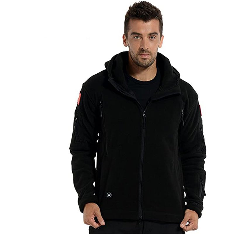 Rovano | Fleece Tactical Jacket for Men - Hooded Warm Windproof Multi Pocket Military Fit-Tactical Jackets-Black-S-Camoufit