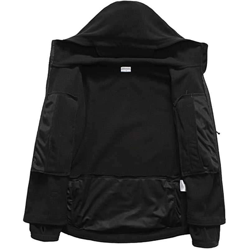 Rovano | Fleece Tactical Jacket for Men - Hooded Warm Windproof Multi Pocket Military Fit-Tactical Jackets-Black-S-Camoufit