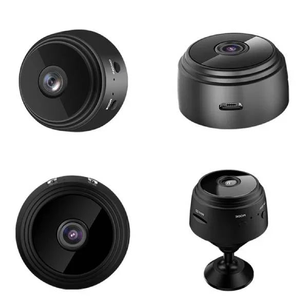 Black backup camera set showing lens views, side controls, and rotating mount