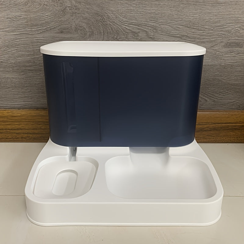 2-in-1 pet feeder and water dispenser, dark navy top with white base and two feeding sections.