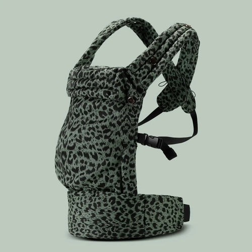 Leopard print baby carrier with black shoulder straps and padded waist panel