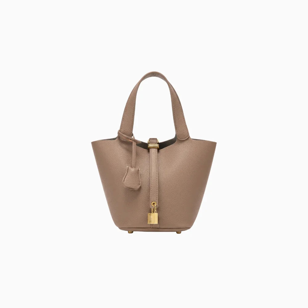 Lunessa | Women's Taupe Bucket Bag with Gold Hardware Padlock Top Handle Structured Mini Handbag-Handbag-Black-Camoufit