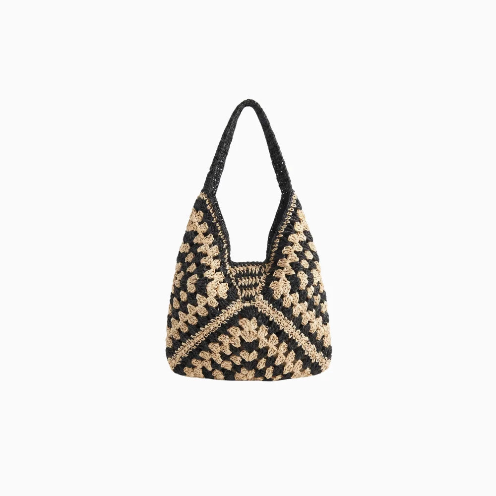 Eluné | Women's Boho Crochet Shoulder Bag Geometric Granny Square Triangular Beach Summer Handbag-Shoulder Bag-Black-Camoufit