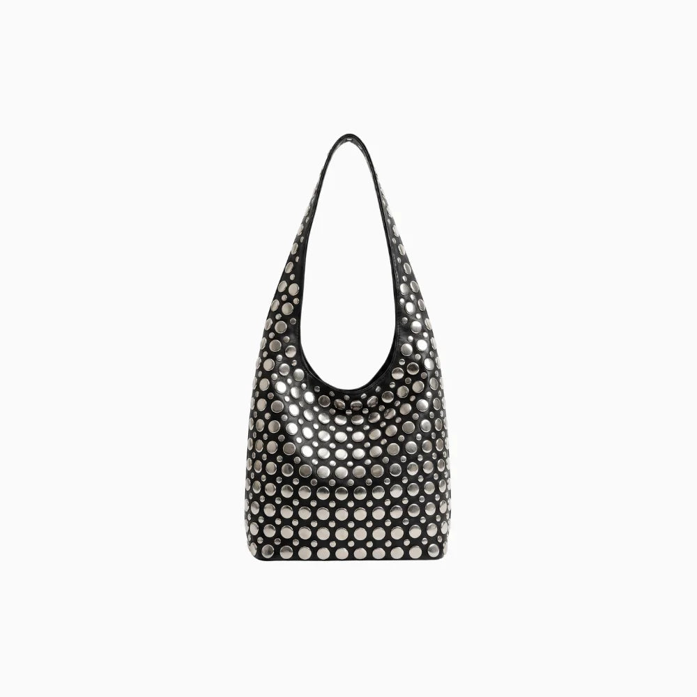 Aloura | Women's Studded Shoulder Bag with Crossbody Strap Spacious Bold Elegant Day Night Handbag-Shoulder Bag-Black-Camoufit