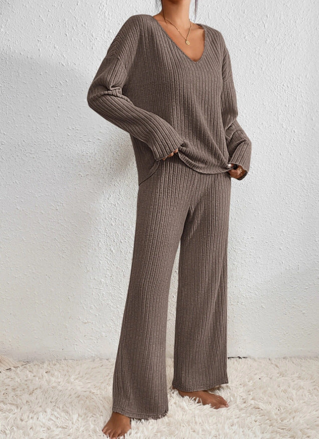 Amélis | Soft Knit Set for Women - V Neck Ribbed Sweater Trousers Relaxed Cosy Two Piece Fit-Loungewear set-Brown-S-Camoufit