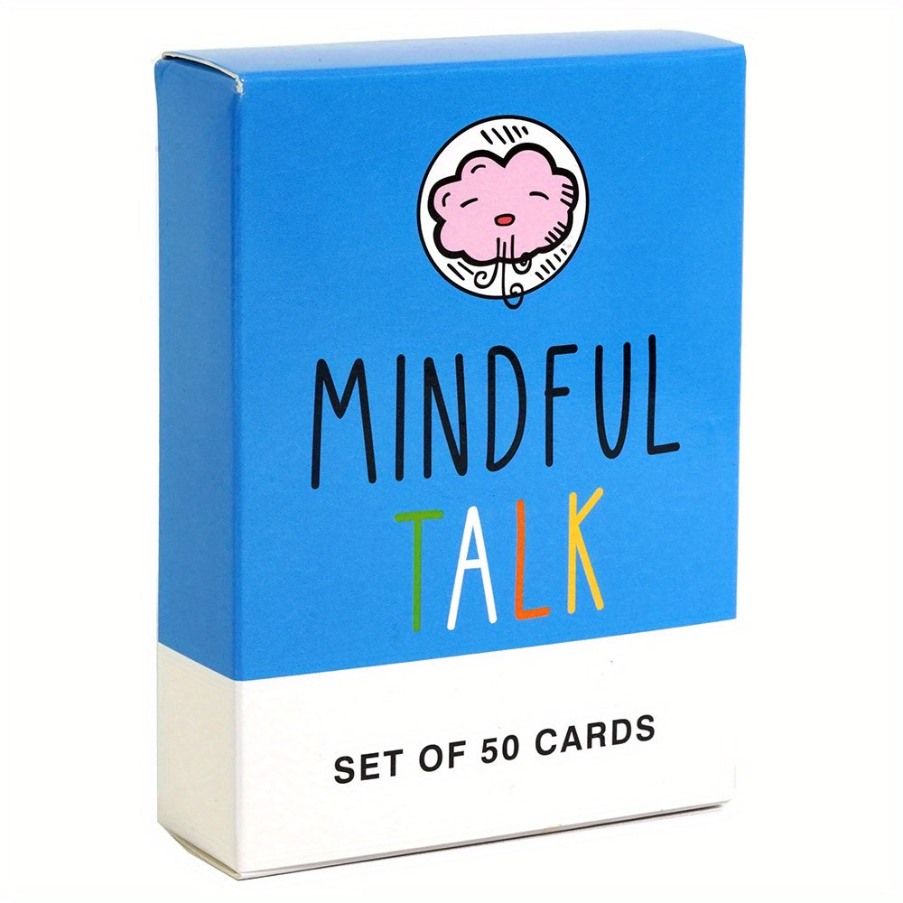 Mindful Talk card set box, front view with Mindful Talk logo and “Set of 50 Cards”