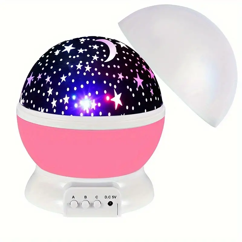 Starry sky night light with black star dome and pink base, white lid open
