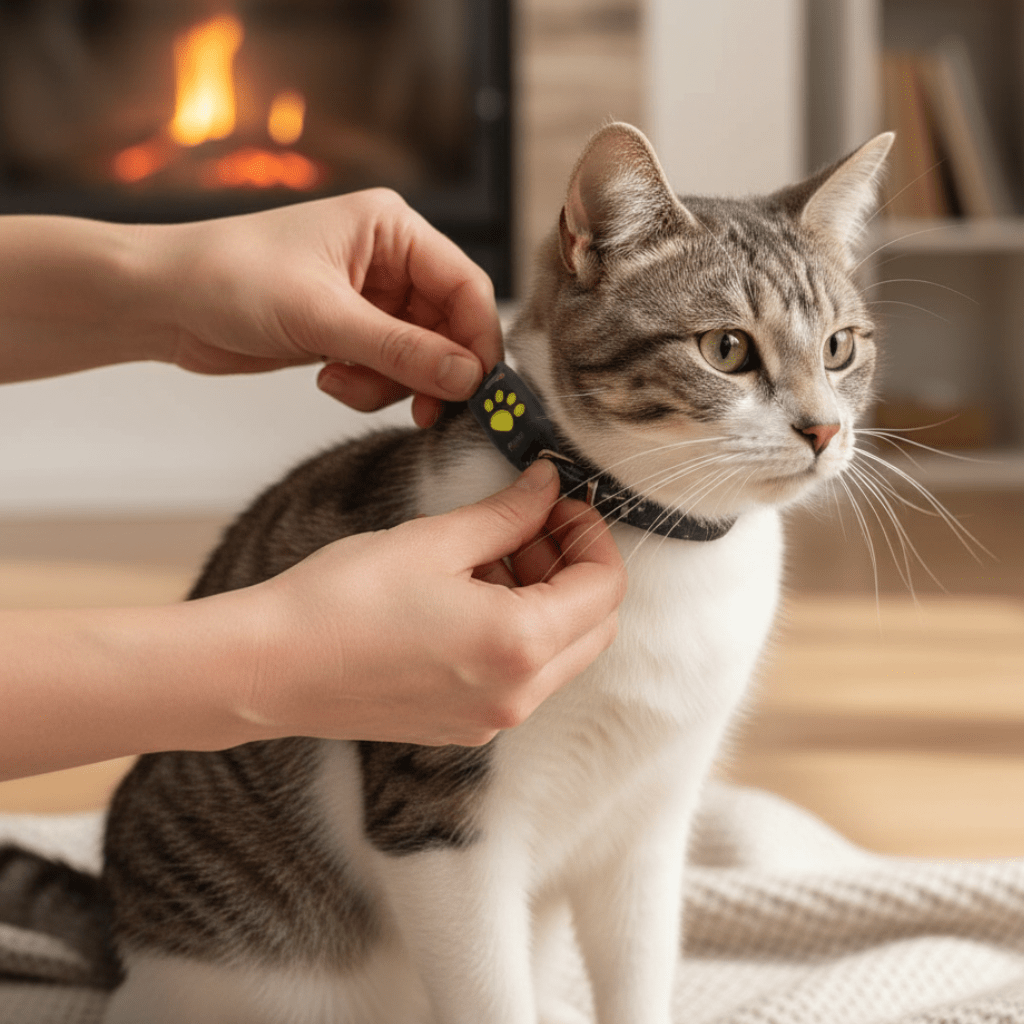 Cat collar GPS tracker being fastened; black strap with yellow paw icon on neck