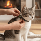 Cat collar GPS tracker being fastened; black strap with yellow paw icon on neck