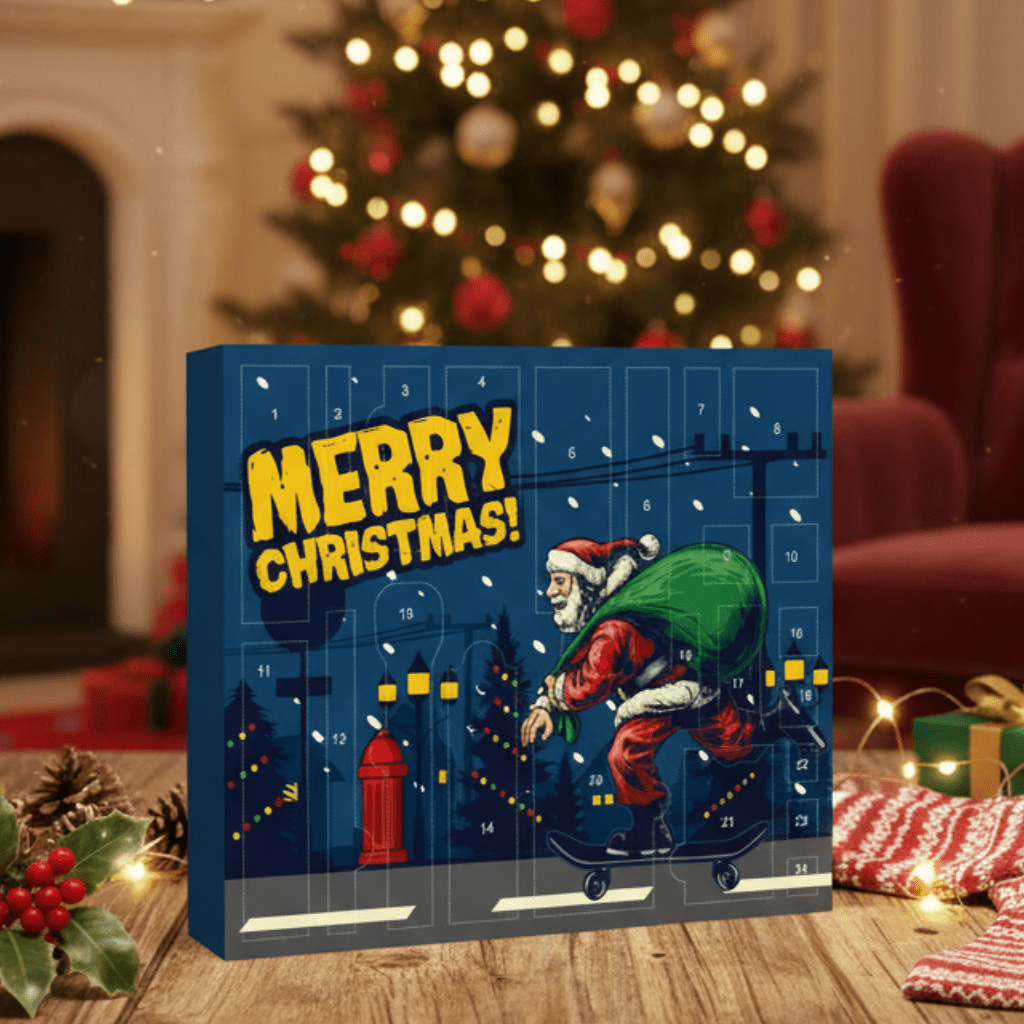 Blue Merry Christmas advent calendar with numbered doors and Santa on a cart