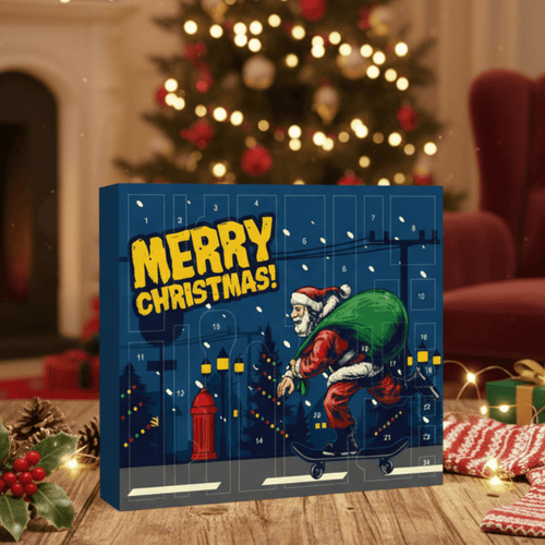 Blue Merry Christmas advent calendar with numbered doors and Santa on a cart