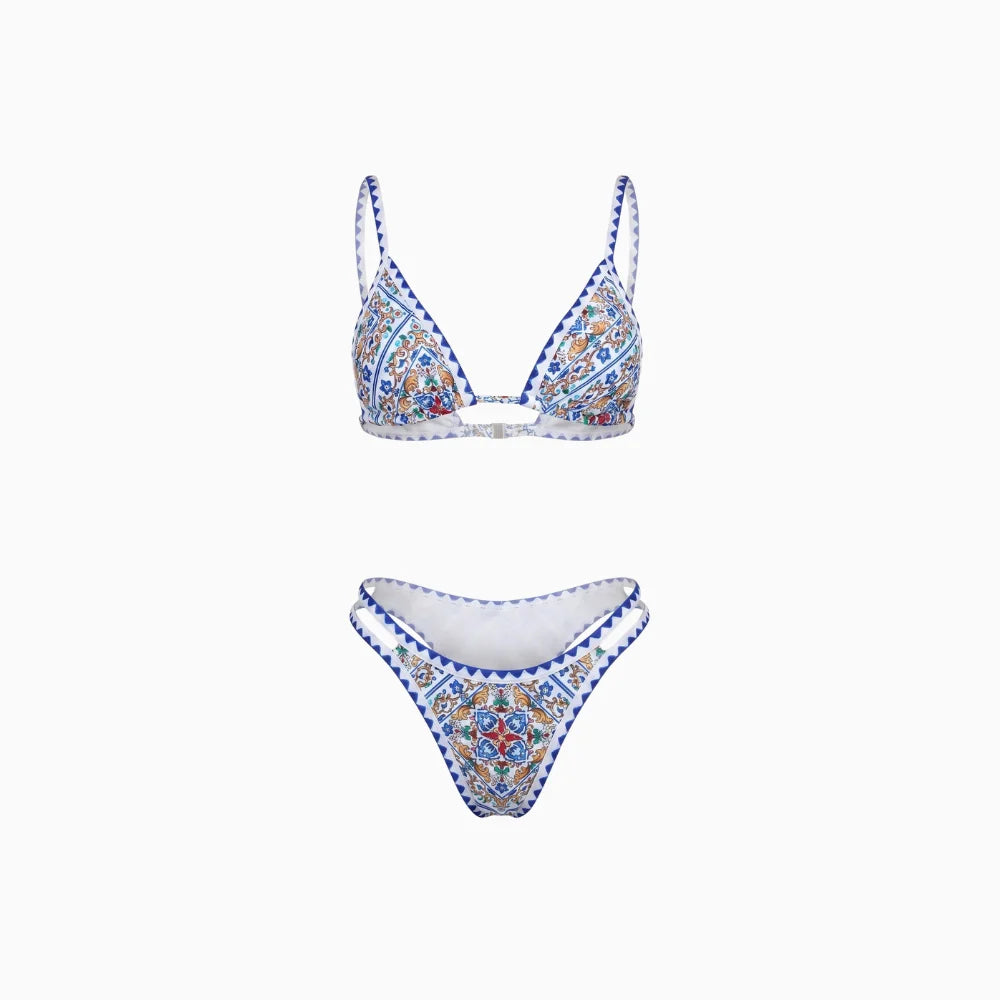 Women's Triangle Bikini with Print Adjustable Ties Flattering Two-Piece Summer Swimsuit-Bikini-S-