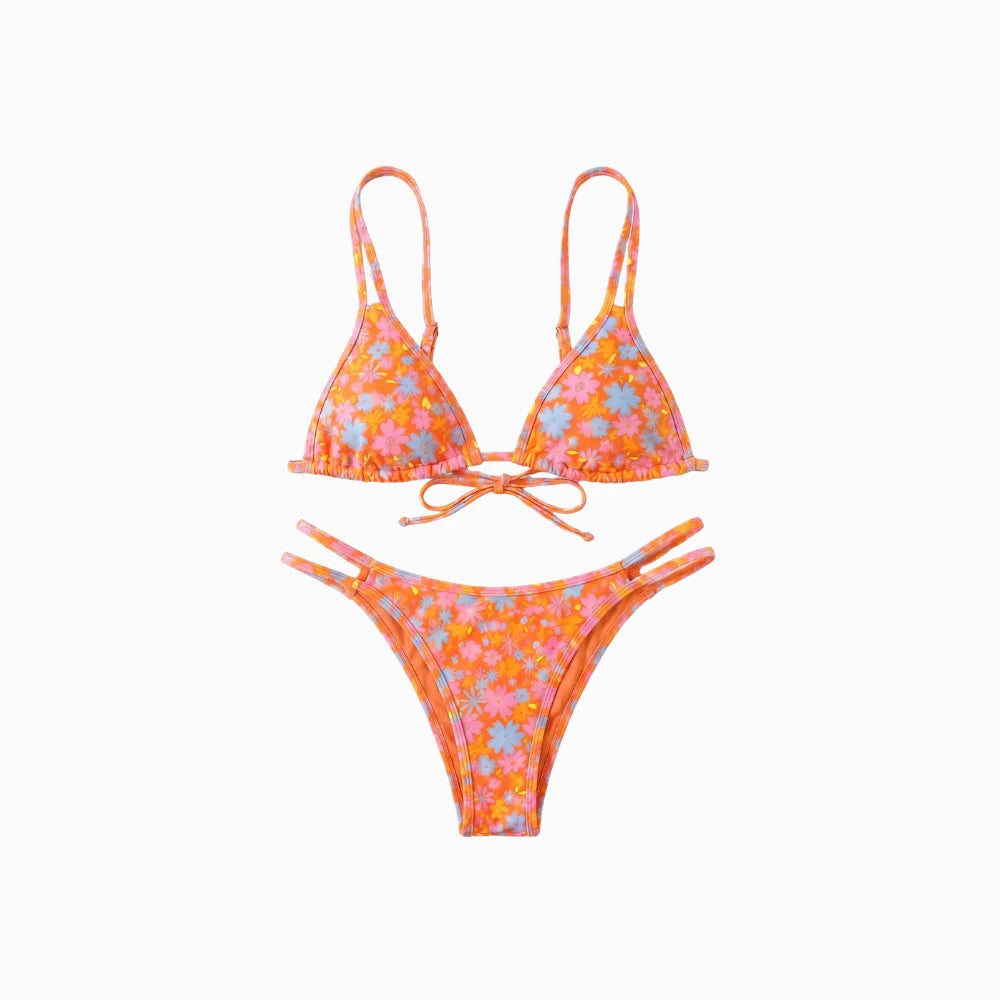 Women's Flower Bikini with Double Straps Tropical Print Flattering Two-Piece Summer Swimsuit-Bikini-Orange pink-S-