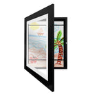 Kids magnetic art display frame, black frame with beach artwork in open view