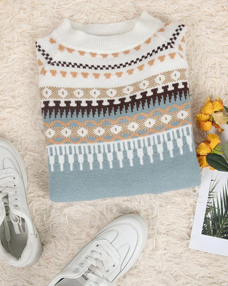 Zahara | Women's Geometric Knit Sweater - Long Sleeve Pattern Pullover