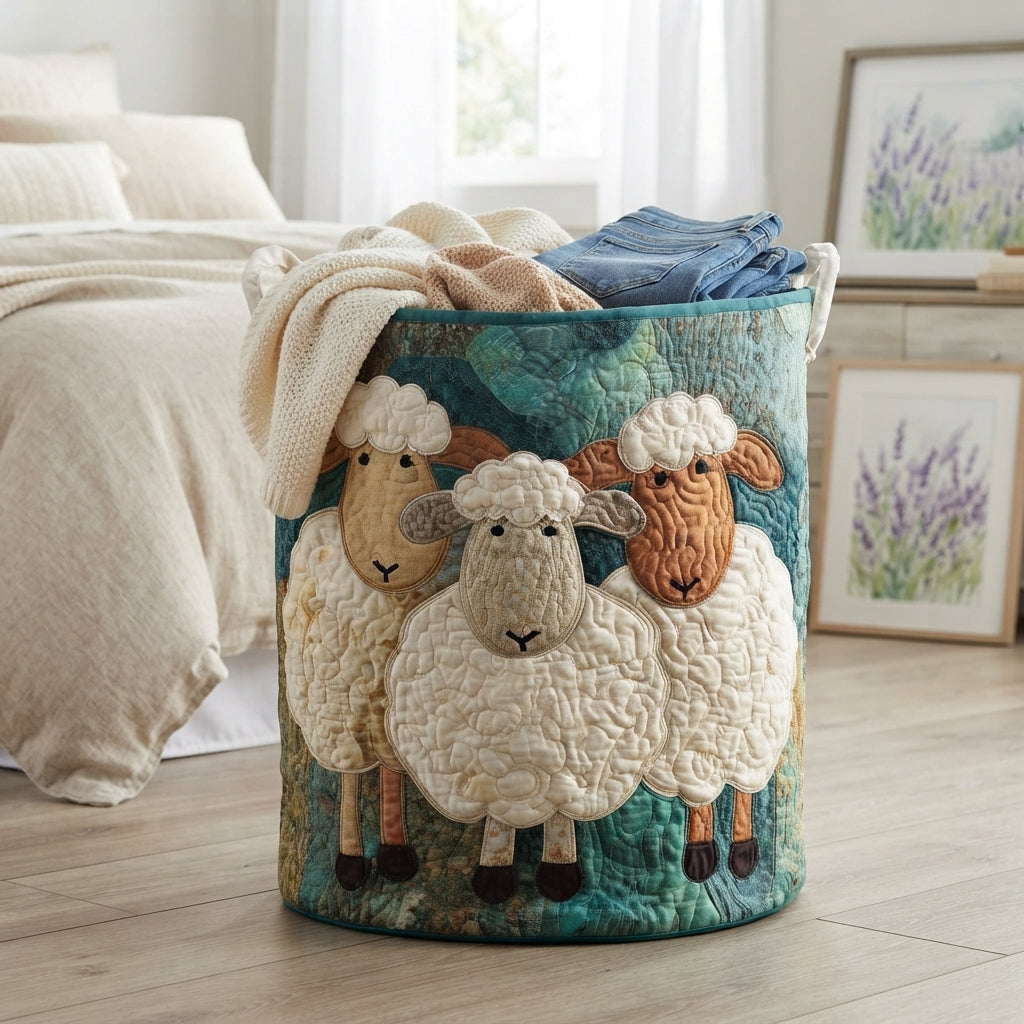 Quilted laundry hamper with sheep applique, teal fabric, open top with handles