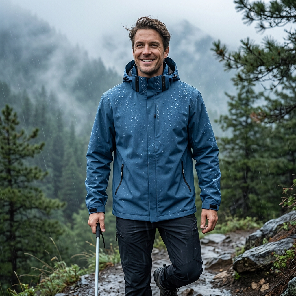 Men's blue softshell jacket with hood, full-zip front and zip pockets