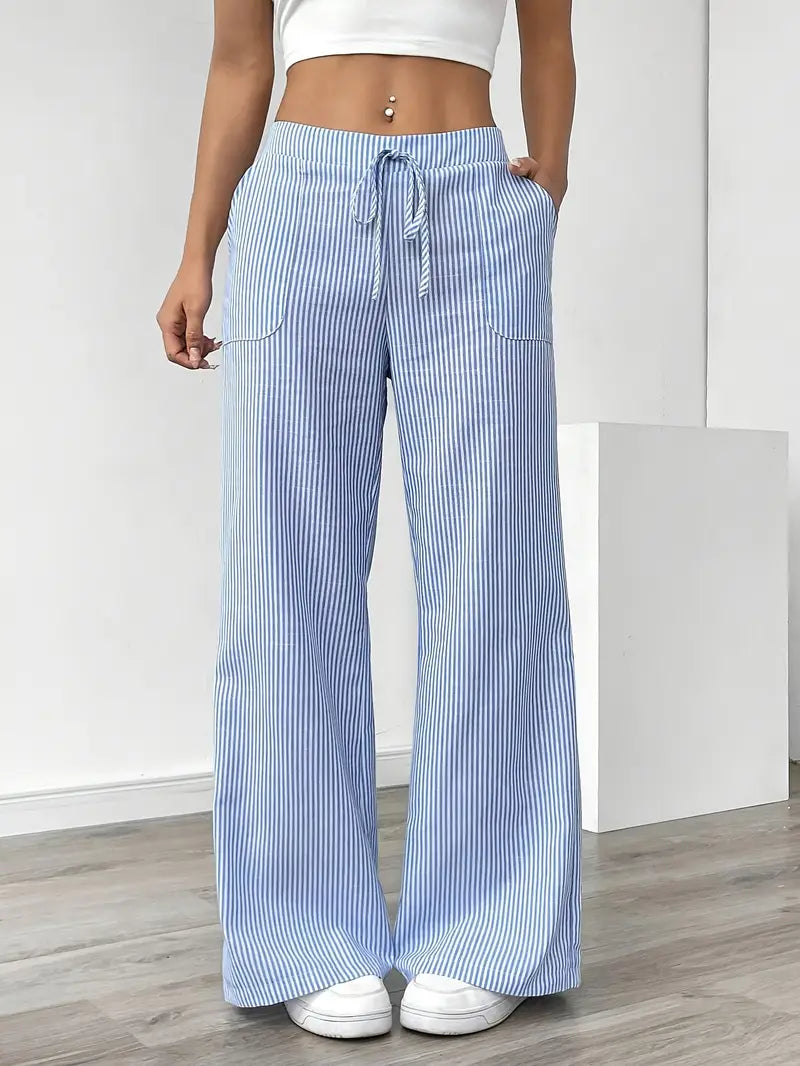 Isola | Wide Leg Trousers for Women - Striped Flared Drawstring Boho Beach Summer Fit-Women's Pants-Blue-S-Camoufit