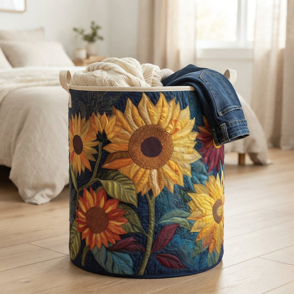 Quilted floral laundry basket with sunflower print, canvas handles, holding jeans