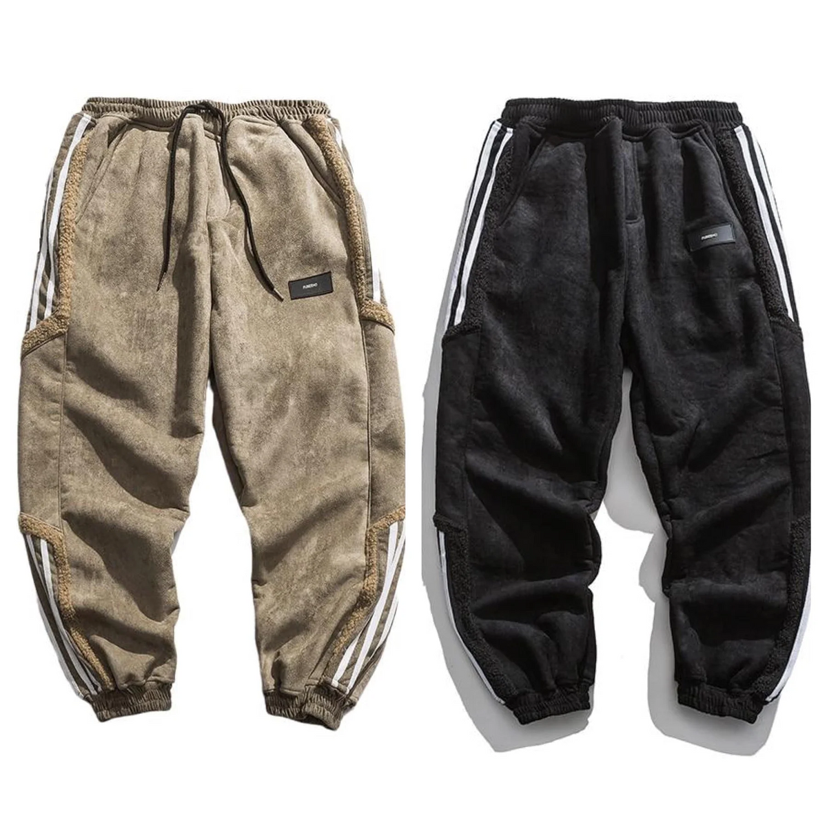 Sherpa-lined jogger sweatpants set in brown and black with white side stripes