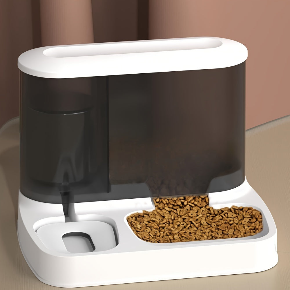 2-in-1 pet feeder and water dispenser, white base with dark food and water chambers.
