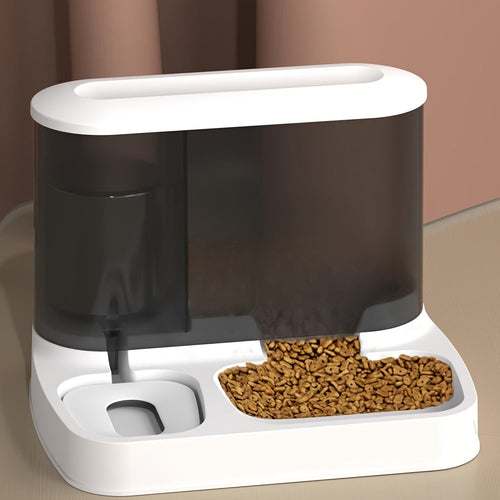 2-in-1 pet feeder and water dispenser, white base with dark food and water chambers.
