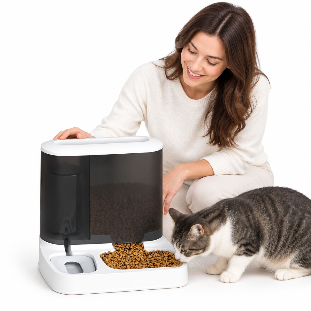 White and black 2-in-1 automatic gravity pet feeder and waterer with food bowl; cat drinking
