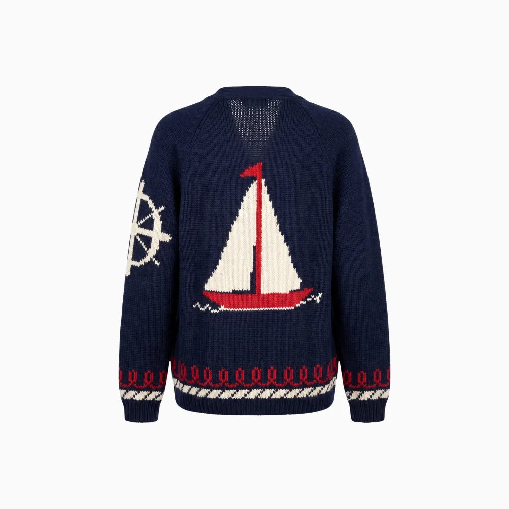 Velina | Women's Shawl Collar Cardigan with Sailboat Print Y2K V Neck Button Down Knit Jumper-Womens' Cardigan-Martini-S-