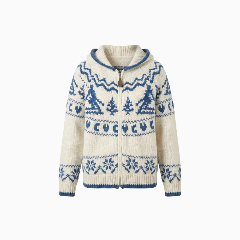 Lovira | Women's Fair Isle Hooded Cardigan Zip Up Patterned Long Sleeve Cosy Knit Jumper Coat-Womens' Cardigan-White-S-Camoufit