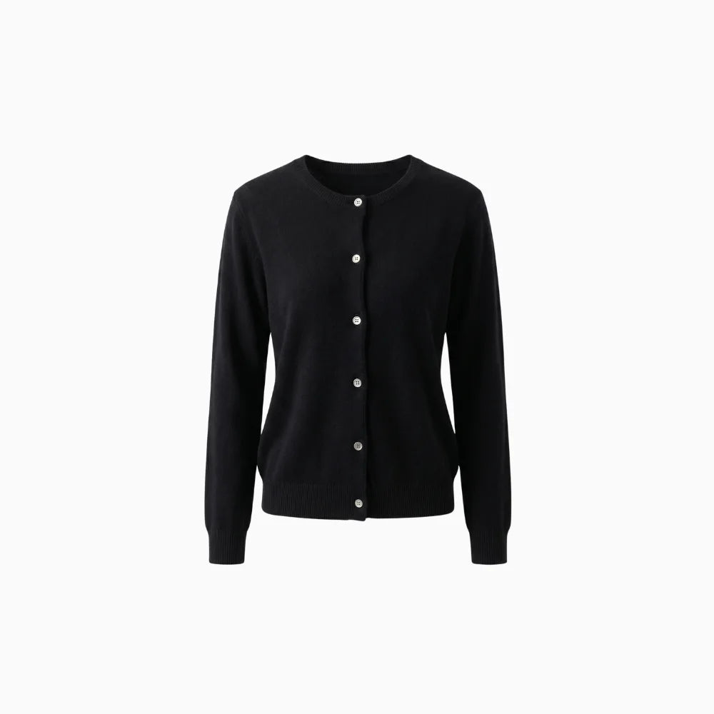Avenza | Women's Soft Button Cardigan with Round Neckline Fitted Silhouette Cosy Knit Layer-Womens' Cardigan-Black-S-