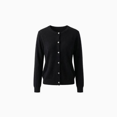 Avenza | Women's Soft Button Cardigan with Round Neckline Fitted Silhouette Cosy Knit Layer-Womens' Cardigan-Black-S-