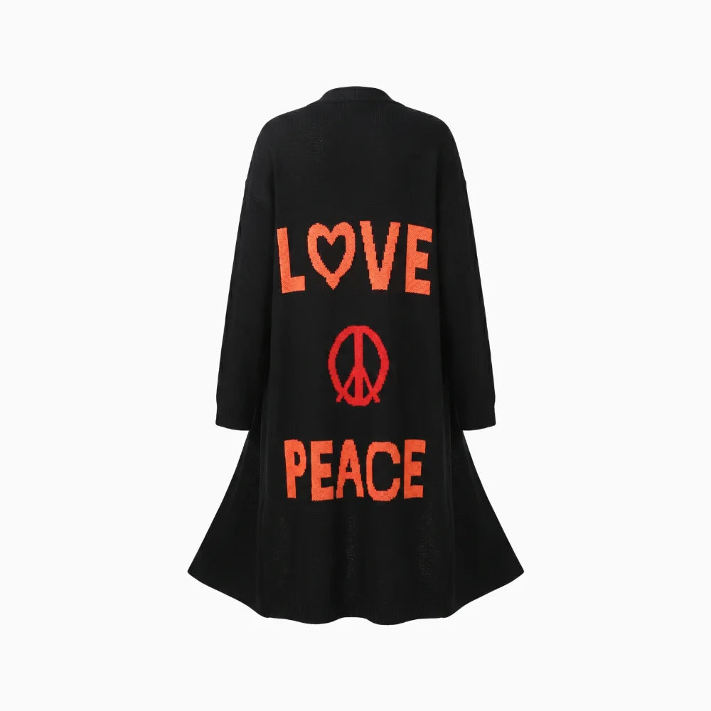 Vayelle | Women's Long Cardigan with Love Peace Print Knit Outerwear Casual Cosy Layering Jumper-Womens' Cardigan-Black-S-