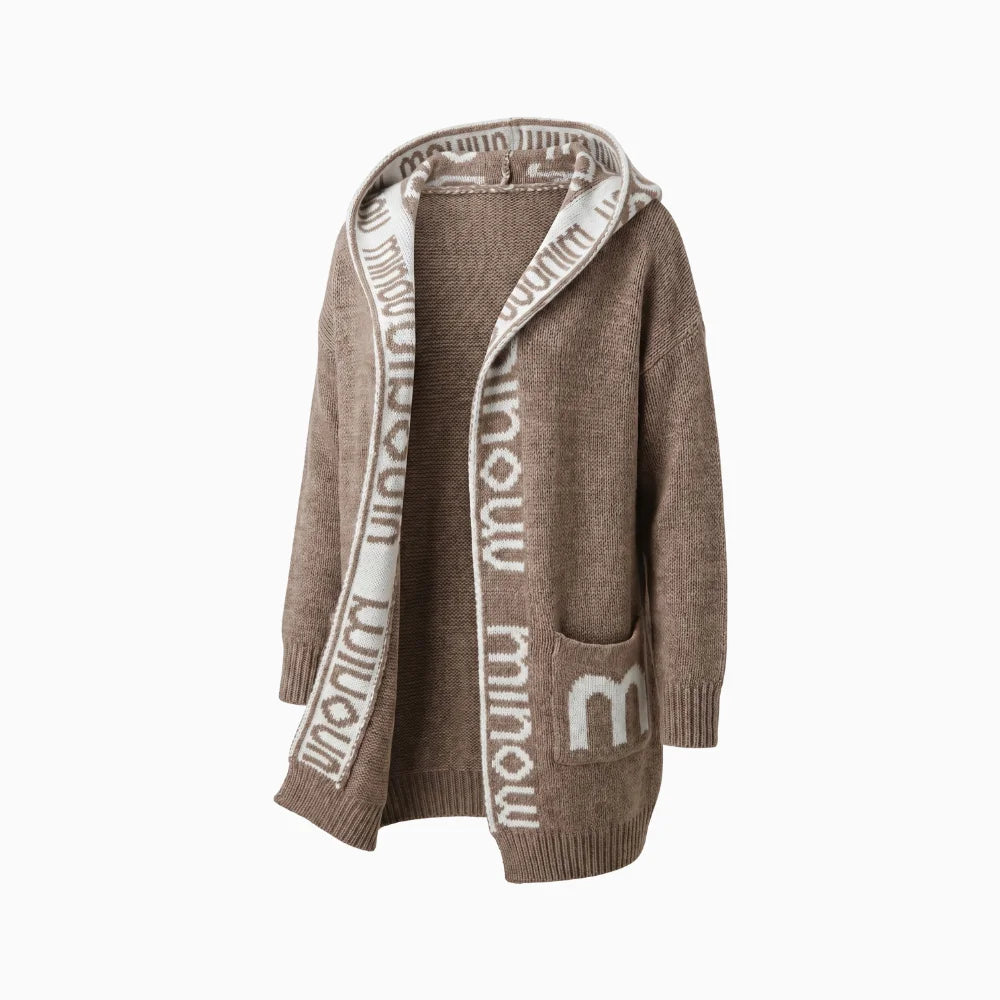 Auraya | Women's Oversized Hooded Cardigan Knit Letter Print Open Front Pockets Cosy Jumper Coat-Womens' Cardigan-Grey-XS-