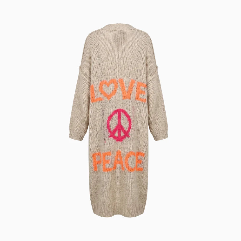 Aloura | Women's Long Knitted Cardigan with Love Peace Print Oversized Loose Fit Cosy Jumper-Womens' Cardigan-Green-S-
