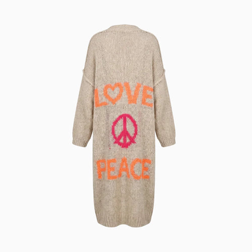 Aloura | Women's Long Knitted Cardigan with Love Peace Print Oversized Loose Fit Cosy Jumper-Womens' Cardigan-Green-S-