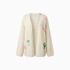 Naurelle | Women's Oversized Knit Cardigan Hollow Out Embroidered Boho Open Front Cosy Layer-Womens' Cardigan-Beige-XL-