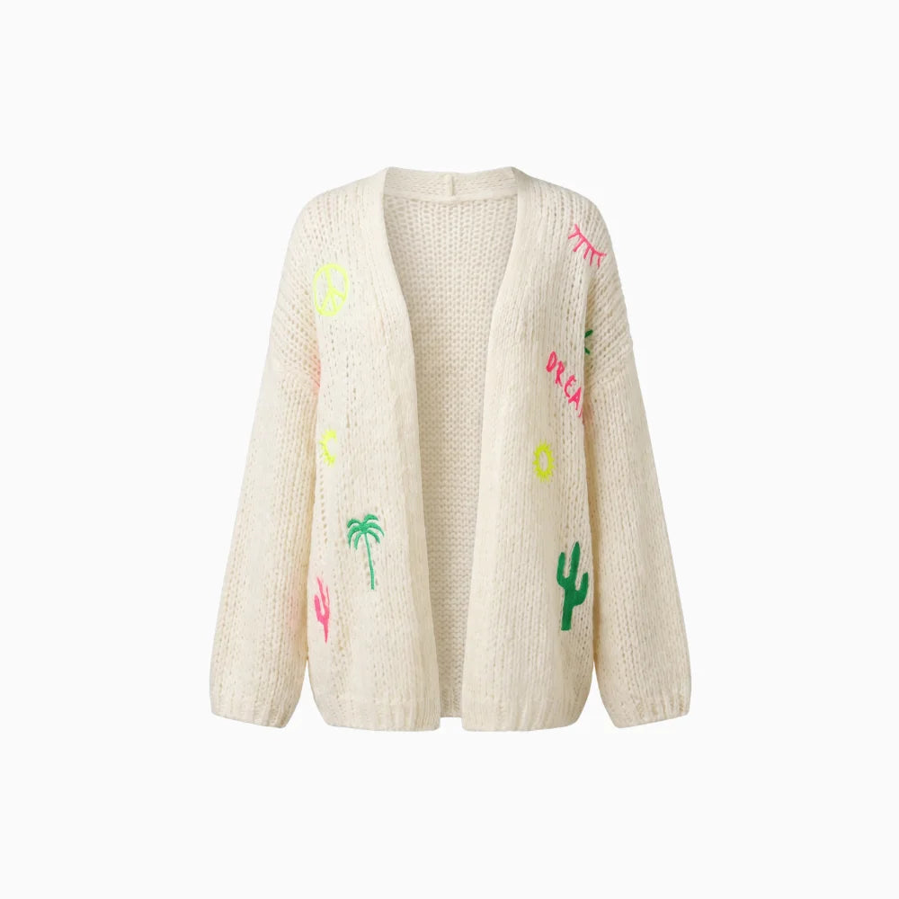 Naurelle | Women's Oversized Knit Cardigan Hollow Out Embroidered Boho Open Front Cosy Layer-Womens' Cardigan-Beige-XL-