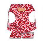 Red patterned cat vest harness with gray straps and tan label patch